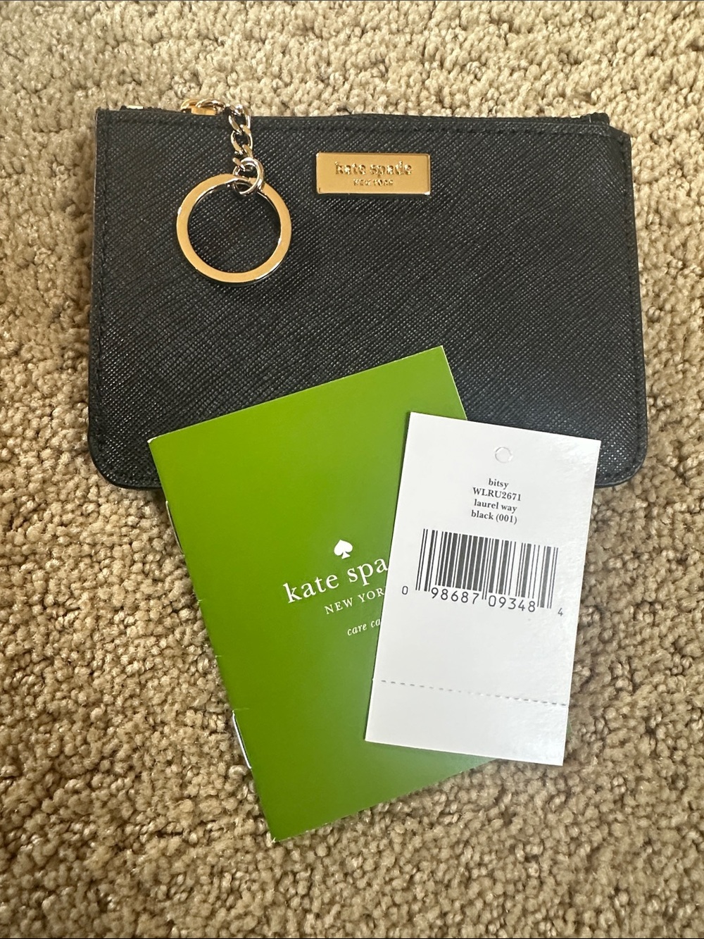 kate spade Black Saffiano Leather Key Pouch with Gold Tone Ring NEW